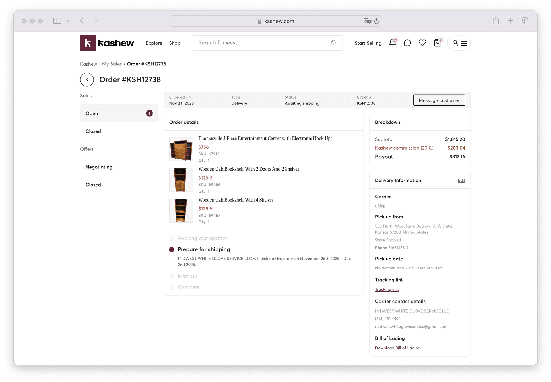 Managing an order