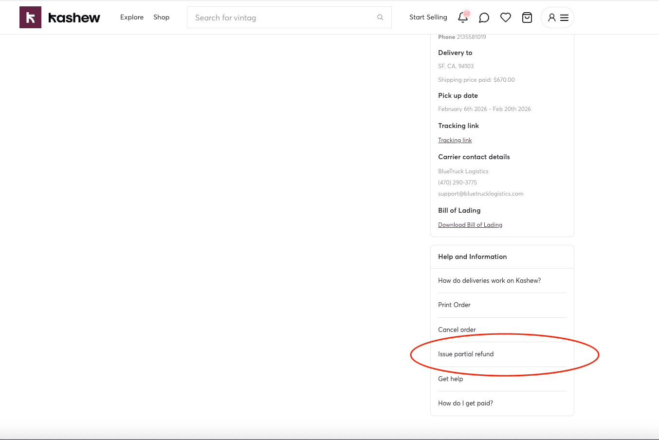 Issue partial refund button in Help and Information section