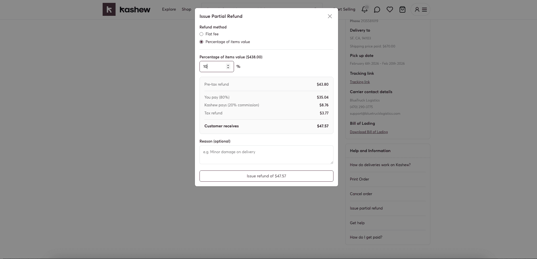 Partial refund modal showing the breakdown