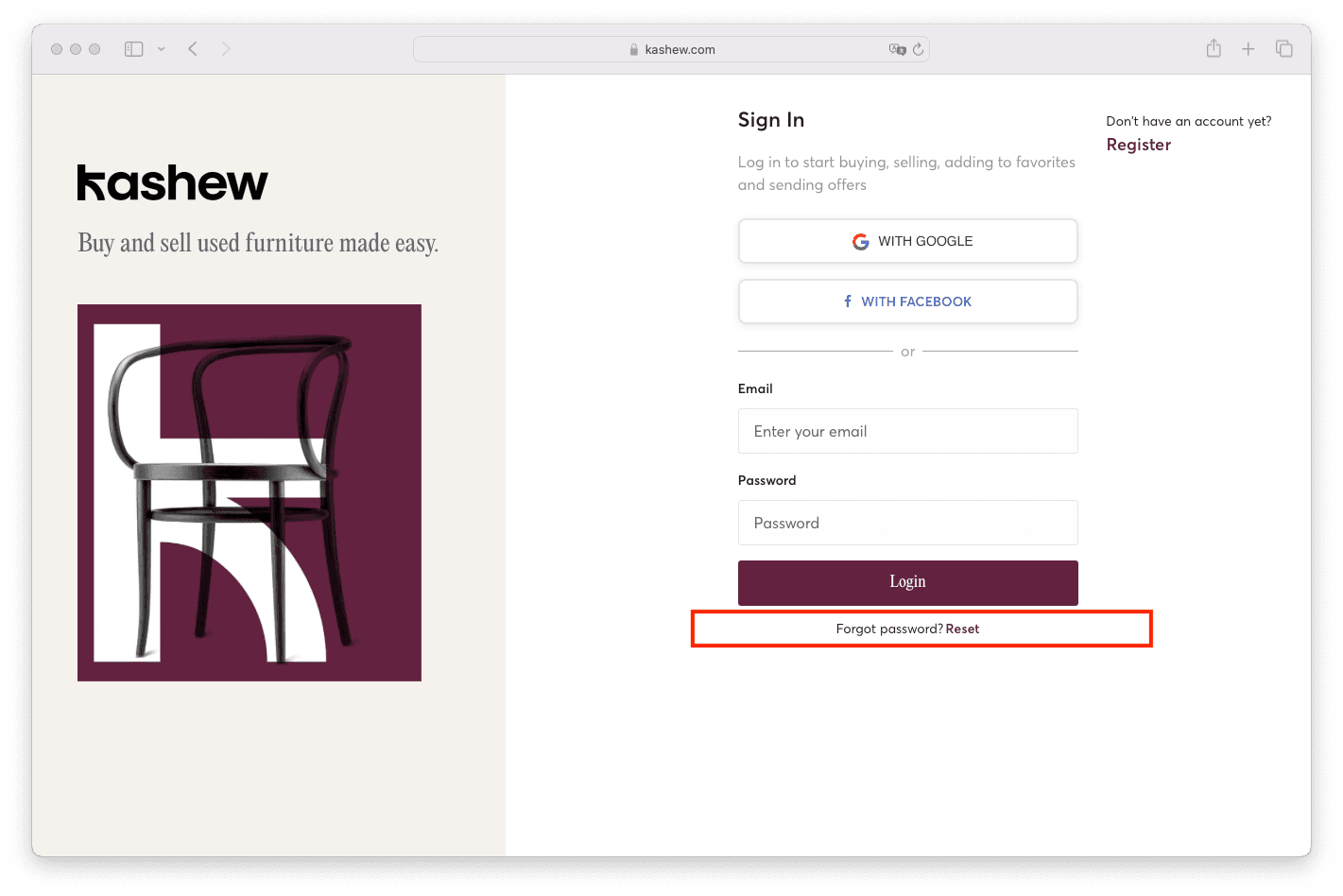 forgot password kashew - buy and sell used furniture