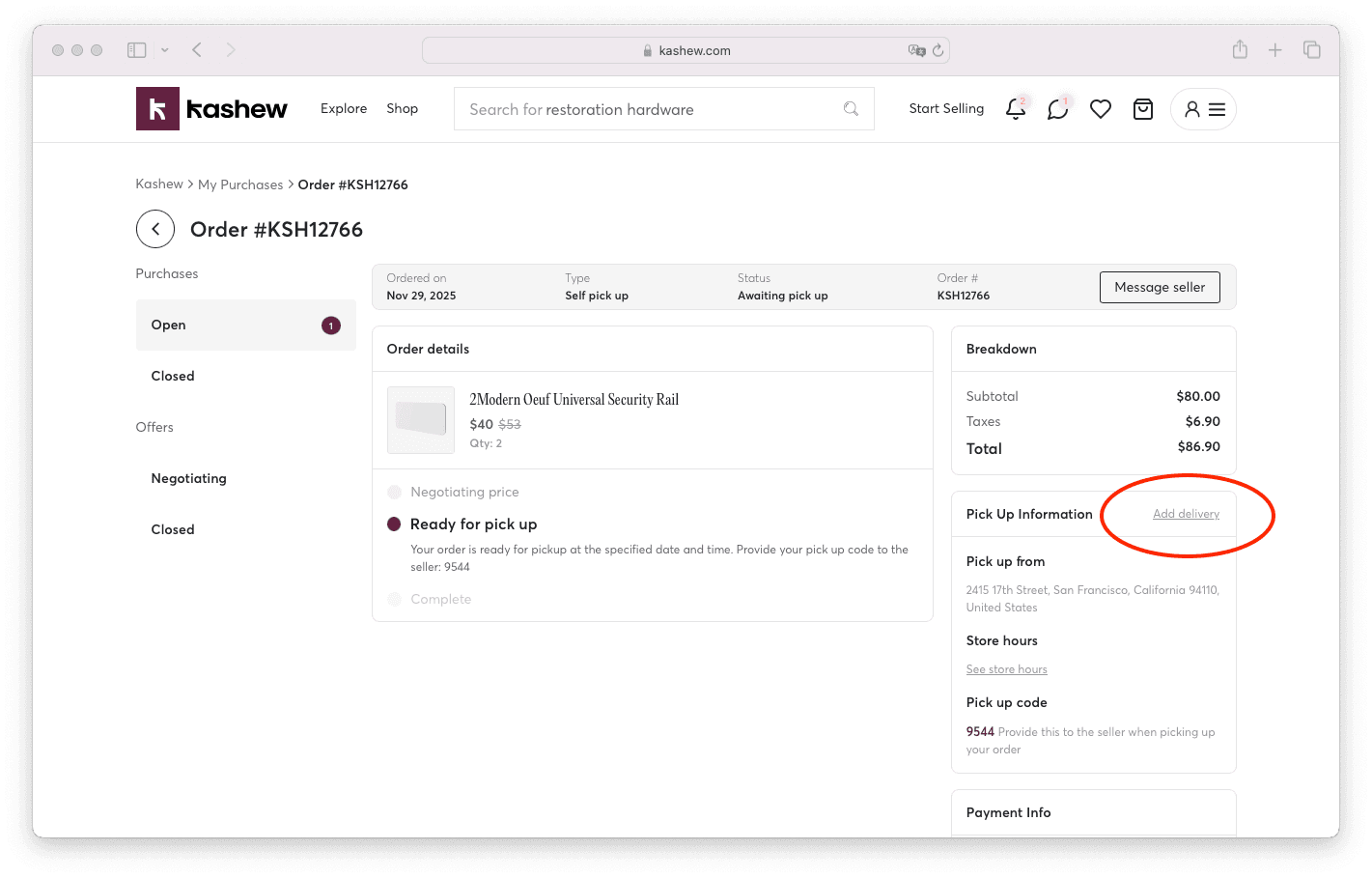 Add delivery after purchase on kashew used furniture