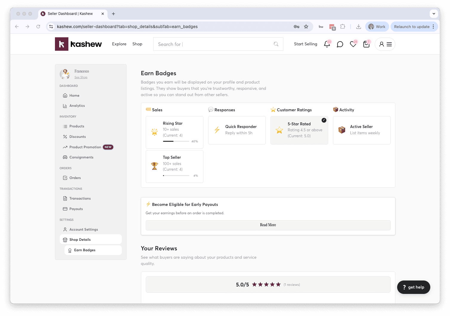 Seller badges and customer reviews on a profile page