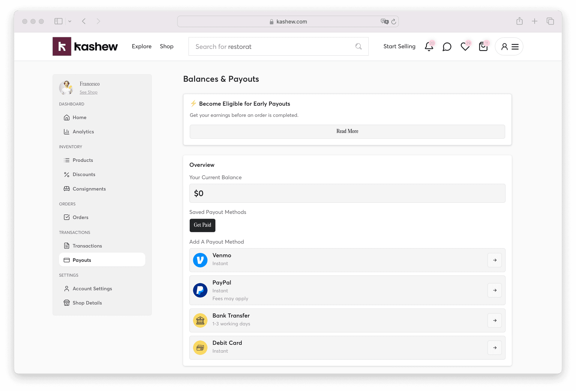 Managing payout methods