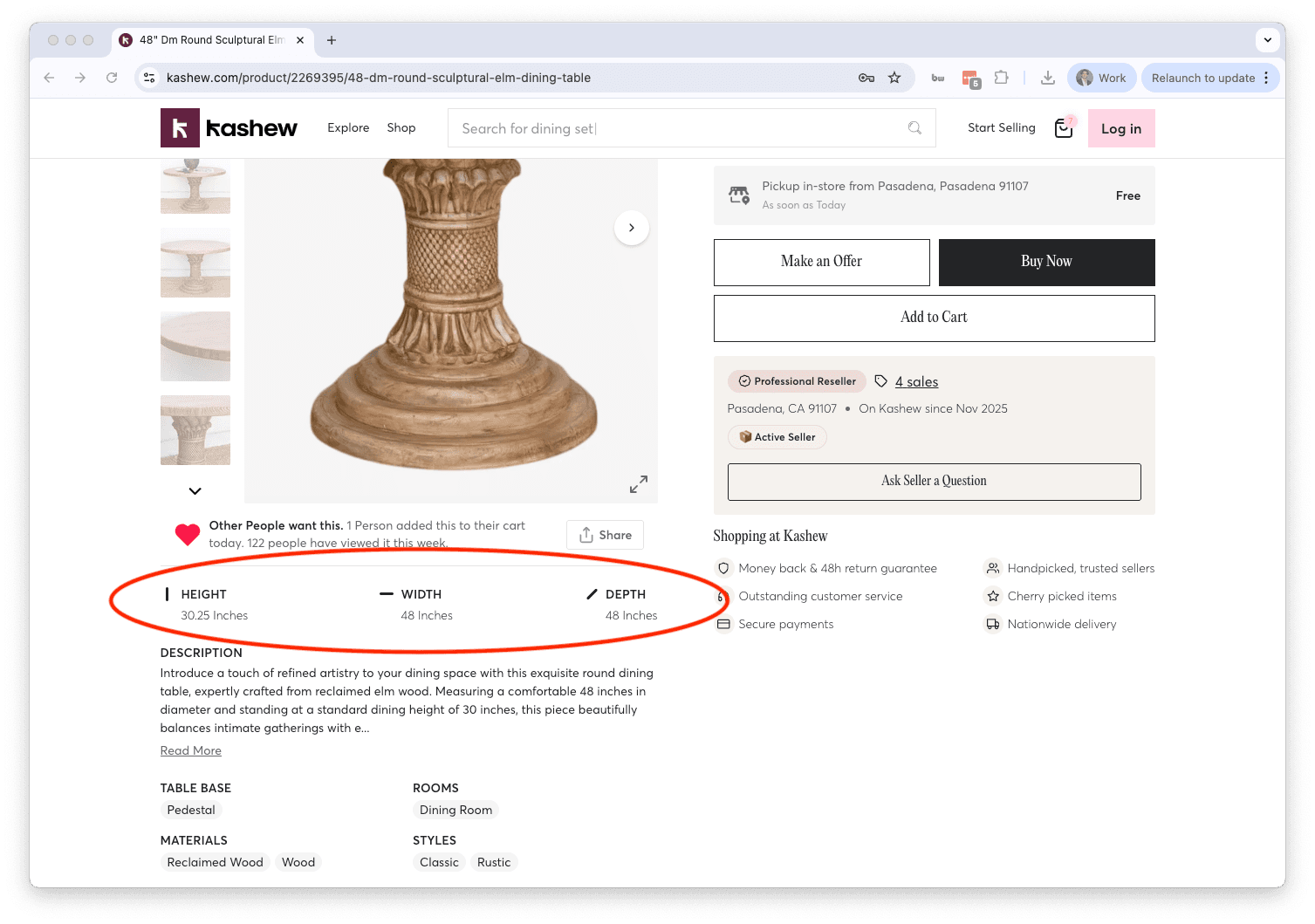 Product dimensions on kashew listing page