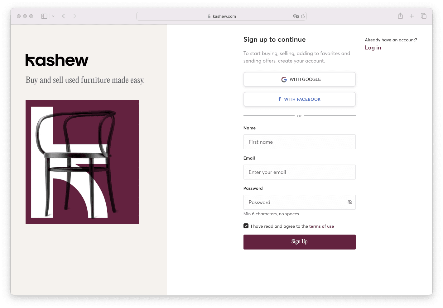 sign up on kashew to buy and sell used furniture