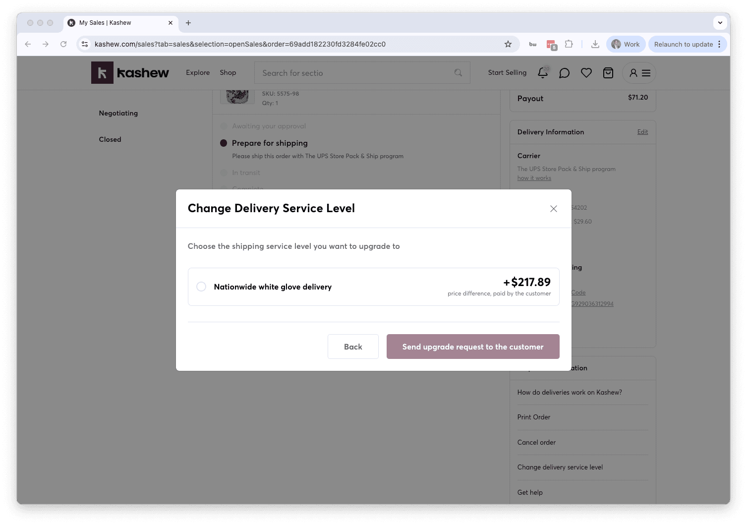 Available delivery service options with price differences