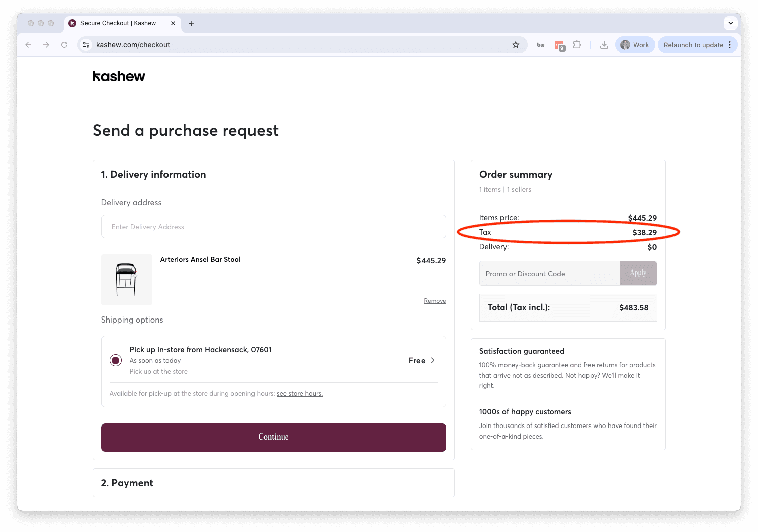 How Kashew calculates and displays sales tax at checkout